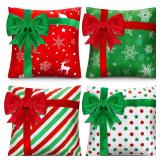 Kingdder Christmas Pillow Covers 18 x 18 Inch Set of 4 Farmhouse Xmas Throw Pillow Cases Gift Box Style Red Green White Snowflake Bow Decoration for Couch Holiday Sofa Cushion Decor