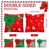 Kingdder Christmas Pillow Covers 18 x 18 Inch Set of 4 Farmhouse Xmas Throw Pillow Cases Gift Box Style Red Green White Snowflake Bow Decoration for Couch Holiday Sofa Cushion Decor