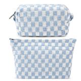 SOIDRAM 2 Pieces Makeup Bag Large Checkered Cosmetic Bag Capacity Canvas Mix Travel Toiletry Bag Organizer Cute Makeup Brushes Aesthetic Accessories Storage Bag for Women, Checkered Mix Blue