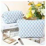 SOIDRAM 2 Pieces Makeup Bag Large Checkered Cosmetic Bag Capacity Canvas Mix Travel Toiletry Bag Organizer Cute Makeup Brushes Aesthetic Accessories Storage Bag for Women, Checkered Mix Blue