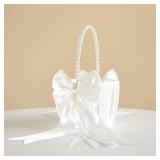 ATAILOVE Wedding Flower Girl Basket with Cute Pearl Handle Bowknot Satin Flower Baskets for Wedding Ceremony - Ivory