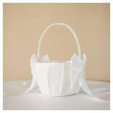 ATAILOVE Wedding Flower Girl Basket with Cute Pearl Handle Bowknot Satin Flower Baskets for Wedding Ceremony - Ivory