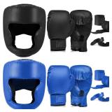 Kanayu 14 Pcs Boxing Set 16 Ounce Boxing Gloves Headgear Helmet Hand Wraps Mouth Guards Equipment for Adults Youth Beginners Training Equipment Gifts(Black, Blue)