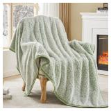 EMME Soft Sherpa Fleece Blanket Reversible Plush Fluffy Large Blanket, Light Weight Warm Decorative Boho Blanket Cover for Sofa, Couch, Bedroom,Travel(Plush Sage,50\"x60\")
