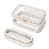 Soimeat Travel Clear Makeup Bag with Makeup Brush Bag, Leather Makeup Case Toiletry Bag, Portable Cosmetic Bag Case, Transparent Waterproof Cosmetic Organizer Storage Bag for Women, Medium, Off-White