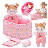OUOZZZ 10\" Soft Baby Doll Set with Plush Doll, Bassinet, Blanket and Bottle, Baby Doll Accessories Pretend Playset Emotional Social Doll for 2 Year Olds Girls Valentine Birthday Gift