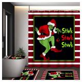 BIVIPO Christmas Bathroom Set 4-Piece, Holiday Shower Curtain with Hooks, Non-Slip Bath Mat, Toilet Lid Cover & U-Shaped Rug, Festive Bathroom Decor, 72x72 Inches