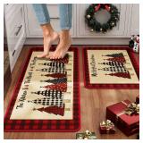 CHAMBERY Christmas Kitchen Rugs Set Of 2,Non-slip Backing Buffalo Plaid Merry Christmas Kitchen Mats For Floor,Low-Profile Winter Xmas Tree Holiday Decorations Christmas Doormat - 17x29 and 17x47 Inch