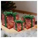 Christmas Decorations, 3-Piece Set, Box Ornaments with Bows, Illuminates Christmas Tree Skirts. Suitable for Indoor, Courtyard, and Outdoor Lawn Decorations.