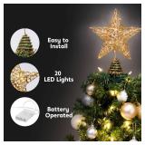 Joiedomi 8 inch Christmas Gold Glitter Star Tree Toppers Metal Lighted with 20 LED Lights for Xmas Decorations, Holiday Party Indoor Decor