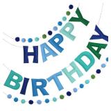 2 PCS Pre-Strung 3D Felt Happy Birthday Banner - Reusable Blue and Green Happy birthday Decorations Sign,Handmade Wool Felt Ball Garland, Pom Pom Garland, Party Decor, Photo Prop