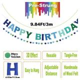 2 PCS Pre-Strung 3D Felt Happy Birthday Banner - Reusable Blue and Green Happy birthday Decorations Sign,Handmade Wool Felt Ball Garland, Pom Pom Garland, Party Decor, Photo Prop