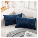 UGS UGASA Pack of 2, Velvet Pillow Covers Striped, Soft Textured Throw Cushion Case Set, Accent Corduroy Lumbar Pillowcases with Hidden Zipper for Home Decor Indoor Outdoor (12\"x20\", Navy Blue)