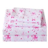 Viviland 4 Pieces Girls Pink Full Sheet Set - Soft Microfiber Fitted Flat Sheets & Pillowcases - Pink Bow Print Bedding Sets- for Kids & Toddlers