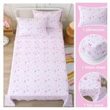 Viviland 4 Pieces Girls Pink Full Sheet Set - Soft Microfiber Fitted Flat Sheets & Pillowcases - Pink Bow Print Bedding Sets- for Kids & Toddlers