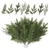 KLEWEE 60 Pcs Artificial Pine Branches Assorted Faux Norfolk Pine Stems Evergreen Pine Picks Cedar Sprigs Fake Christmas Greenery for Christmas Tree DIY Craft Garland Wreath Home Garden Decor