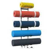 Kesito Yoga Mat Holder Wall Mount, Wall Rack Organizer, Storage Foam Roller and Block, with 5 Sectional and 3 Hooks for Hanging Yoga Strap, Resistance Bands at Fitness Class or Home Gym, Decor(Black)