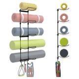 Kesito Yoga Mat Holder Wall Mount, Wall Rack Organizer, Storage Foam Roller and Block, with 5 Sectional and 3 Hooks for Hanging Yoga Strap, Resistance Bands at Fitness Class or Home Gym, Decor(Black)