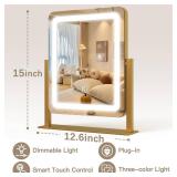ROLOVE Vanity Mirror with Lights, 12.6\"Ã15\" LED Makeup Mirror, Lighted Makeup Mirror with Lights, Smart Touch Control Dimmable 3 Modes Light, Lighted Up Mirror for Makeup Desk, Gold