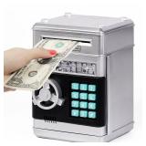Refasy Piggy Bank Money Safe Password Money Box for Kids Ages 3+, ATM Bank Safe Coin Cash Banks Money Saving Box, Birthday for Boys Girls 3 4 5 6 7 8 9 10 Years Old (Silver)