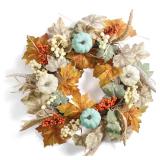 Fall Wreaths for Front Door in 20 inch, Artificial Autumn Leaves with White and Blue Pumpkins, Orange Berries, Farmhouse Fall Decorations, Front Door, Wall, Wedding, Thanksgiving, Autumn