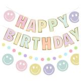 Danadia Pre-Strung Happy Birthday Banner, Pastel Birthday Decorations with Smiley Face and Circle Dot Garland,NO DIY Preppy Party Decorations for Women Girls Men Boys