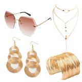 Fumwase 4 Piece 70s Disco Accessories for Party Halloween Cosplay 70s Disco Costume Accessory Set for Women with Luxuriant Coil Bracelet Disco Sunglasses Triple-Layered Choker and Gold Disco Earrings