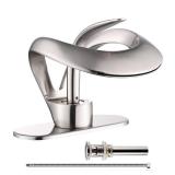 Elegant Bathroom Sink Faucet Single Hole,AUU Waterfall Brushed Nickel Vanity Sink Faucet Solid Brass,Single Handle Basin Tap with Pop Up Drian Deck Plate Supply Line (Brushed Nickel, Short)