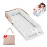 Baby Lounger for Newborn Portable Bag,Baby Nest Play Gym mat with Strap,Newborn Lounger Adjustable Size & Inner Zipper Lengthen Space to 24 Months(Gray Thousand Bird Check)