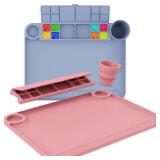 Svartur Silicone Painting Mat with Cup and Palette Detachable, 17\"X13\" Thick Silicone Craft Mat with Raised Edge for Artist, Painting Station Creator Mat, Gray & Coral Pink