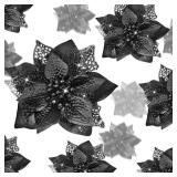 WILLBOND 36 Pieces Black Christmas Poinsettia Glitter Faux Flowers Artificial Ornaments Topper Xmas Decorations