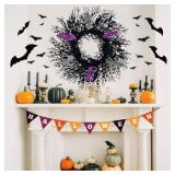 Halloween Wreath for Front Door - 20 Inch Black Wreath with Black Berries, Leaves & Silver Purple Bats, Spooky Gothic Decor for Indoor Outdoor, Haunted House Party Decoration