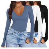 Ekouaer Deep V Neck Shirts for Women Low Cut Long Sleeve Tops Slim Fit Basic Cleavage Tees Deep Plunge Thermal Tshirts Black + Brown + Grey Blue XS