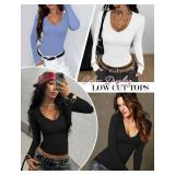 Ekouaer Deep V Neck Shirts for Women Low Cut Long Sleeve Tops Slim Fit Basic Cleavage Tees Deep Plunge Thermal Tshirts Black + Brown + Grey Blue XS