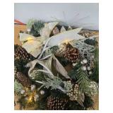 GAOMON Pre-lit Christmas Wreath with Lights, 19 in Champagne Gold Xmas Wreath with Faux Antlers Pine Cone Ball Ornaments, Battery Operated Christmas Wreaths for Front Door Wall Window Winter Decor