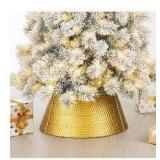 Glitzhome Gold Hammered Metal Tree Collar Tree Base Cover Decorative Christmas Tree Ring for Christmas Decoration, 22" D - Retail: $55