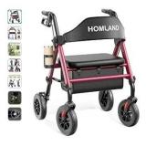 HOMLAND Walkers for Seniors with Seat, Foldable Rollator Walker, Reinforced Aluminum Frame, 8" Big Rubber Wheels for All Terrain, Height Adjustable Lightweight Rolling Walker - Retail: $160