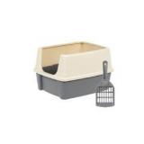 Pack of 2 ,Amazon Basics Large Cat Litter Box with High Sides  Open Top  Includes Scoop  19 X 15 X 11.75 Inches  Grey/Beige