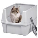 IRIS USA Large Cat Litter Box with Scatter Shield and Scoop, Open Top High Sided Cat Litter Pan, Silver