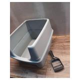 IRIS USA Large Cat Litter Box with Scatter Shield and Scoop, Open Top High Sided Cat Litter Pan, Silver
