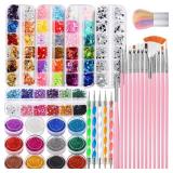 FANDAMEI Nail Art Kit, Nail Art Brushes Set, Nail Design Kit Dotting Tools, Fine Nail Glitter, Nail Decoration Butterfly Heart Glitter Sequins, Foil Flakes, Nail Rhinestones, Dust Brush