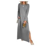 ANRABESS Women Long Sleeve Dresses 2025 Fall Casual Crewneck Loose Fit Split Flowy Wrinkle-Free Travel Vacation Maxi Dress Grey X-Large