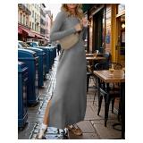 ANRABESS Women Long Sleeve Dresses 2025 Fall Casual Crewneck Loose Fit Split Flowy Wrinkle-Free Travel Vacation Maxi Dress Grey X-Large