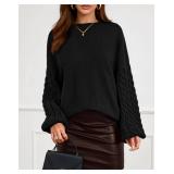 PRETTYGARDEN Crewneck Long Sleeve Oversized Sweaters for Women Trendy Fall Outfits Cable Knit Sweater Women Maternity Clothes (Black, Small)