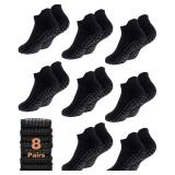 Breathffy 8 Pairs Non Slip Pilates Socks with Grips for Women Bulk Yoga Anti Skid Athletic Socks for Barre Ballet Hospital(Black)