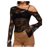Matunana Womens Off The Shoulder Tops Lace Mesh Long Sleeve Going Out Shirts Crop Cute Y2K Fall Trendy 2025 Black Small