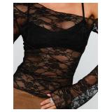 Matunana Womens Off The Shoulder Tops Lace Mesh Long Sleeve Going Out Shirts Crop Cute Y2K Fall Trendy 2025 Black Small