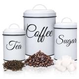 Fashionwu Coffee Tea Sugar Containers for Countertop, 3-Piece Stainless Steel Kitchen Canisters Set, Sugar Jar Coffee Jar with Lids for Fresher Goods, White Farmhouse Kitchen Decor
