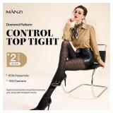 MANZI Diamond Patterned Control Top Tights Checkered Tummy Control Pantyhose 50 Denier Black Small-Medium