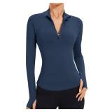 AKEWEI Long Sleeve Workout Tops for Women Quarter Zip Pullover Athletic Gym Top Slim Fit Running T Shirt Dark Grey Blue Small